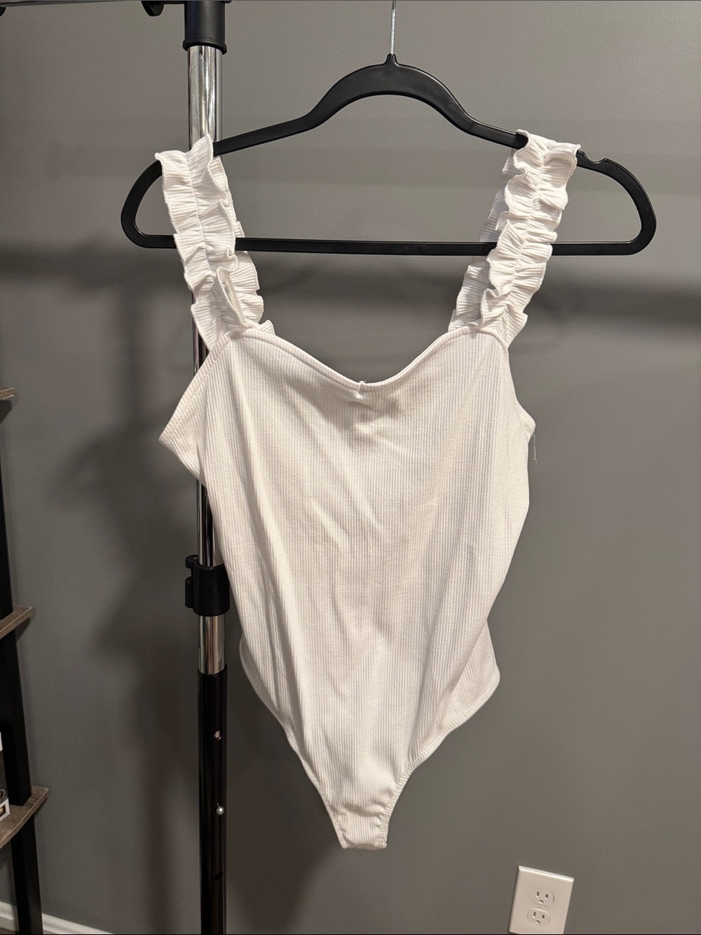 Blue Rain White Ruffled Strap Ribbed Bodysuit